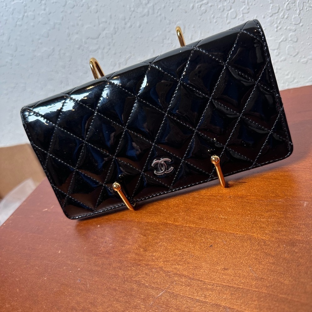 CHANEL Patent Quilted Zip Around Black Wallet